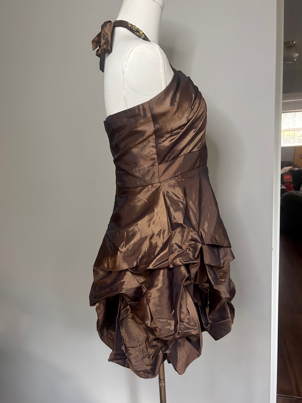 Y2K Masquerade Brown Beaded Halter Ruffle Bubble Hem Party Dress Homecoming 7/8 - Picture 10 of 14